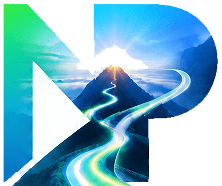 The New Pathway Ventures mark as a portal: a mountain landscape and glowing road climbing through the N and P letterforms, symbolizing the pathway from uncertainty to breakthrough growth